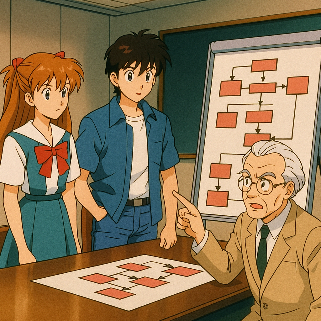 Professor Oak explaining the problem to the team